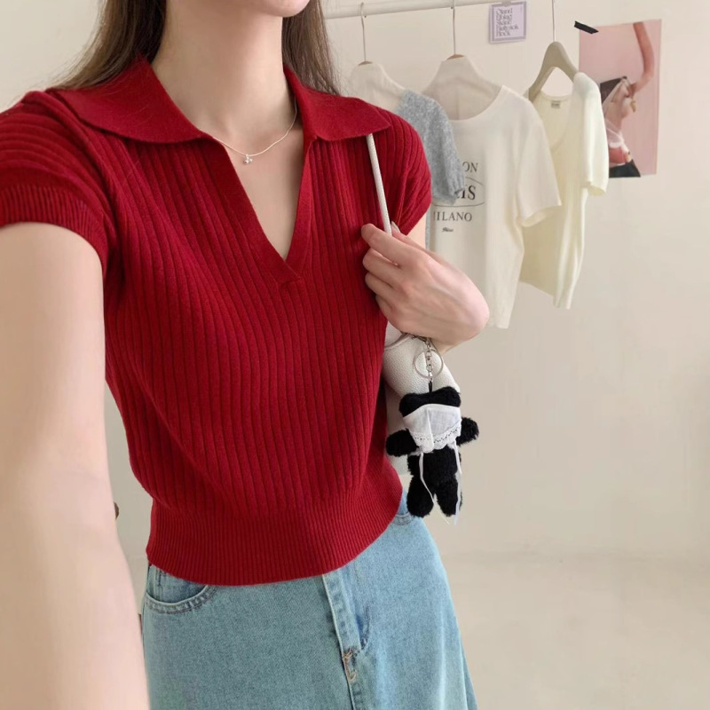 纯欲polo领辣妹设计感短袖上衣女装夏季新款独特别致绝美针织T恤|undefined
