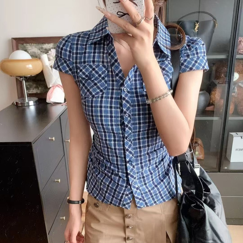 设计感蓝色格子短袖衬衫女夏季复古褶皱收腰修身衬衣小众掐腰上衣|undefined