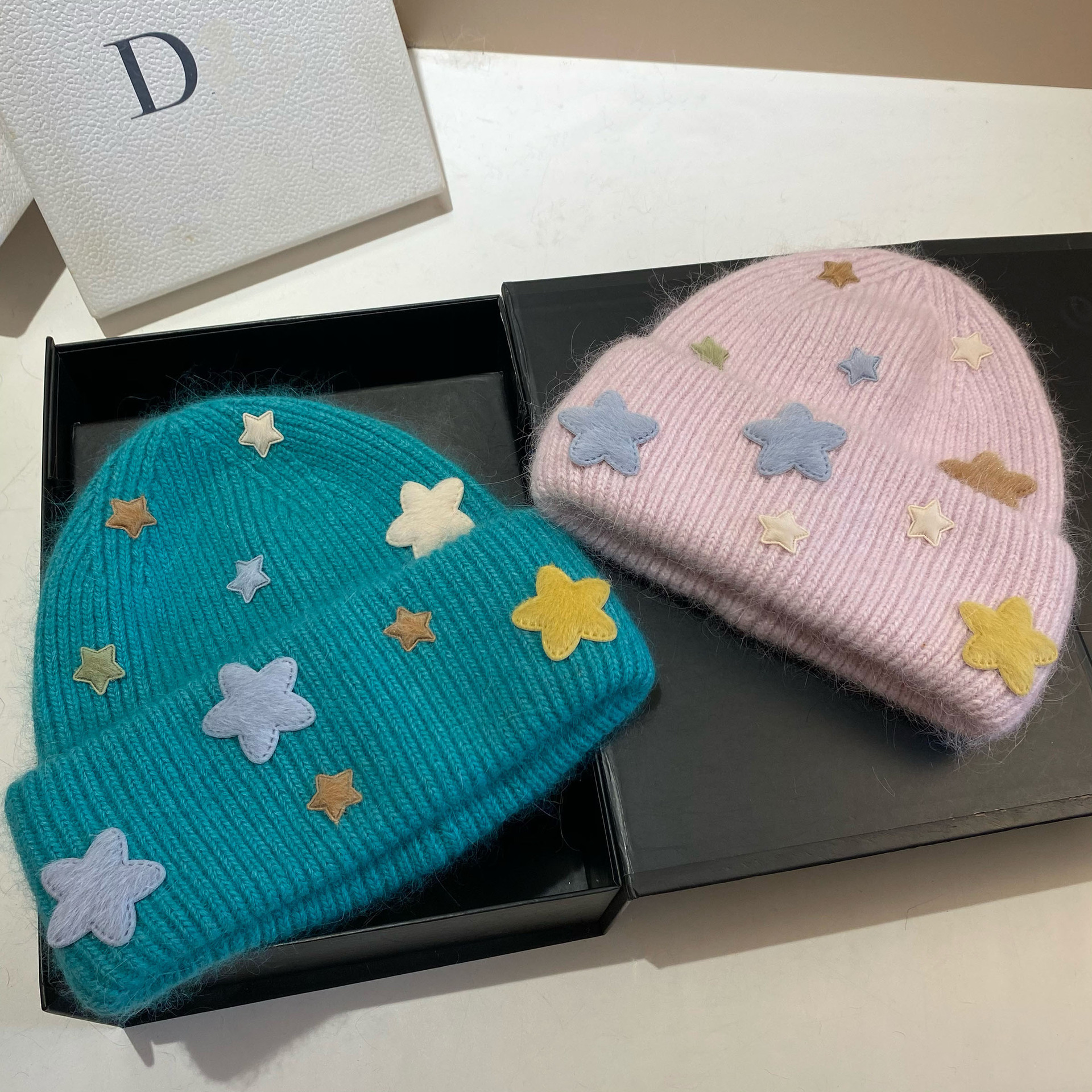 Gorro beanie de punto para mujer de pelo de conejo invierno_voghion.com