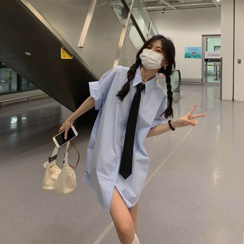 Solid Color Design White Shirt for Women Korean Style Loose Lower Body Missing Shirt Skirt Preppy Style Blue Top Versatile