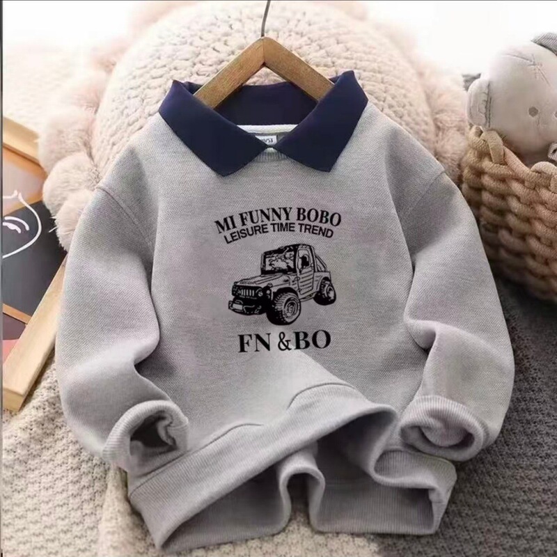 Boys and Girls Turn-Down Collar Sweatshirt Autumn and Winter Fashionable Pullover Long-Sleeve for Older Children with Fleece Lining Versatile Top