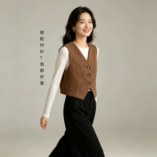 2025新款麂皮绒马甲女短款秋季无袖背心坎肩马夹外套时尚百搭外穿
