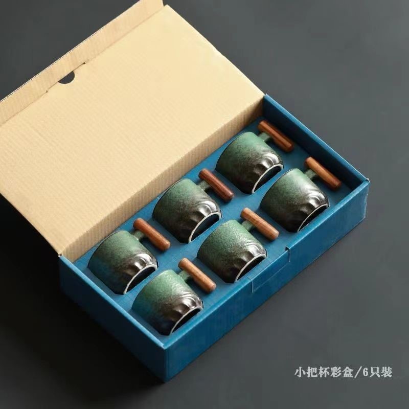 Mango de madera taza de café té taza de té gradiente esmalte exquisita cerámica pequeña taza de regalo caja de regalo traje al por mayor