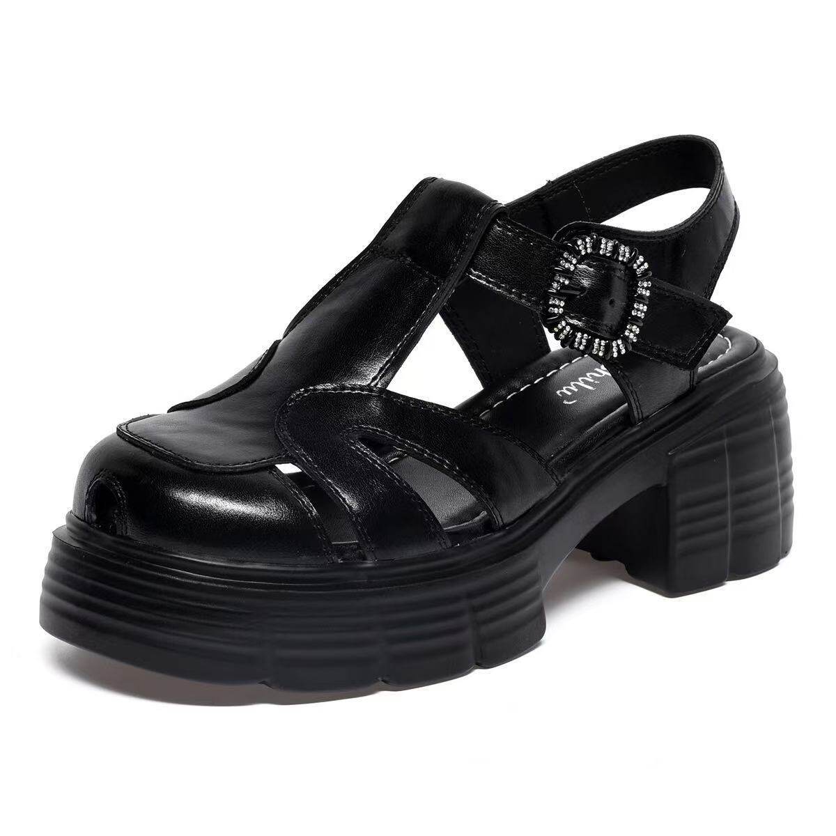 Sandal nữ da thật mũi trùm La Mã gót thô đế dày — màu be