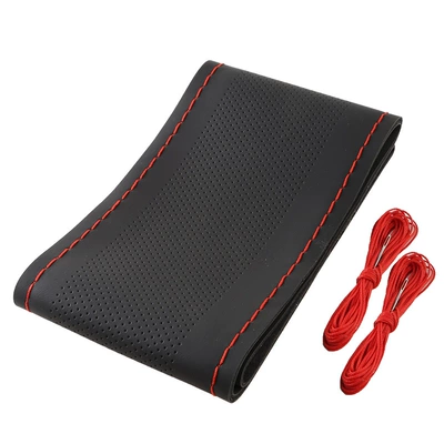 Cross-Border Tea Polyphenol Scented Summer Car Hand-Stitched Steering Wheel Cover Leather Non-Slip Men's and Women's Four-Season Universal Handle Cover (Steering wheel cover) - black-red-line-hole-38cm