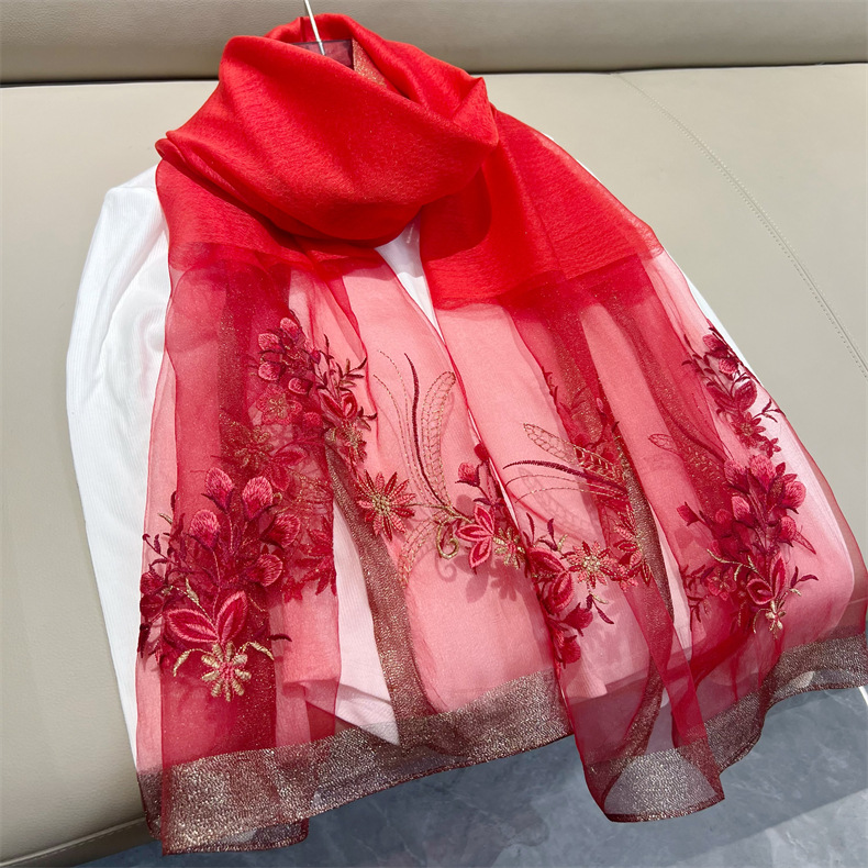 150g Weight Silk Scarf Classification Travel Occasion Polyester Material Flower Pattern Spring, Autumn Season Women's Gender Embroidery Design Elegant Style Women's Elegant Flower Polyester Embroidery Silk Scarf 5