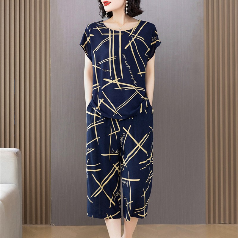 New Cotton Silk Suit for Mothers, Summer Style Short-Sleeved Middle-Aged and Elderly Women's Artificial Cotton Pajamas, Two-Piece Thin Outer Wear Set