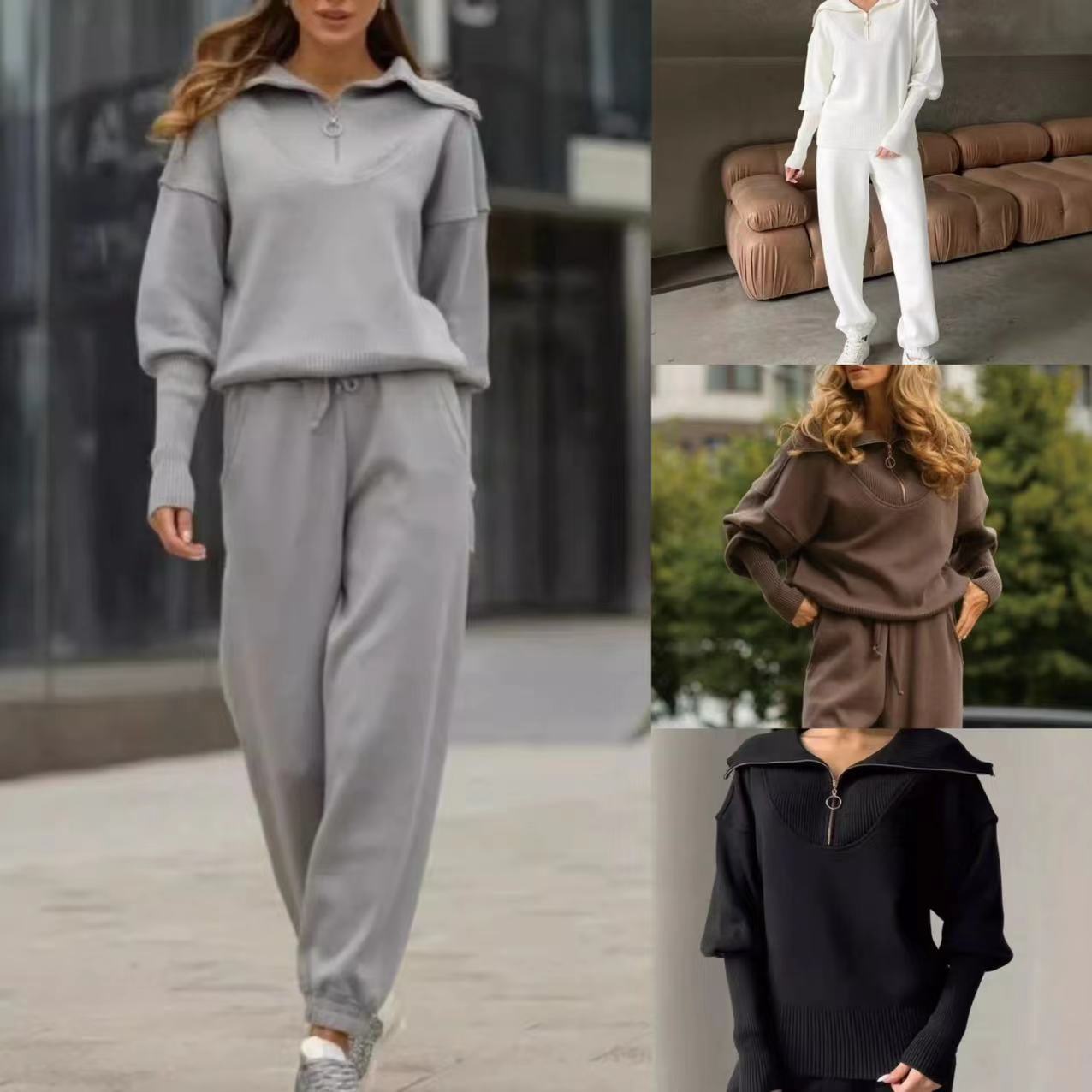 Women's Clothing 2024 independent station new styles_Autumn and winter temperament leisure solid color zipper sweater two piece suit_voghion.com