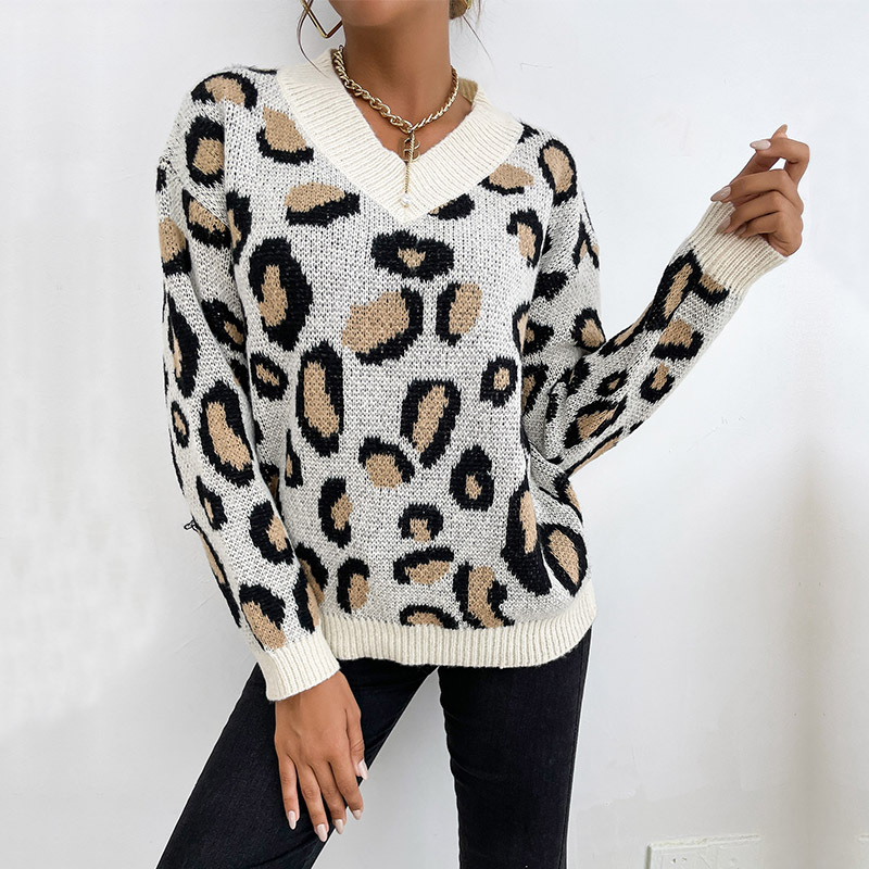 Maglione a maniche lunghe sciolto girocollo lavorato a maglia con stampa leopardata_voghion.com