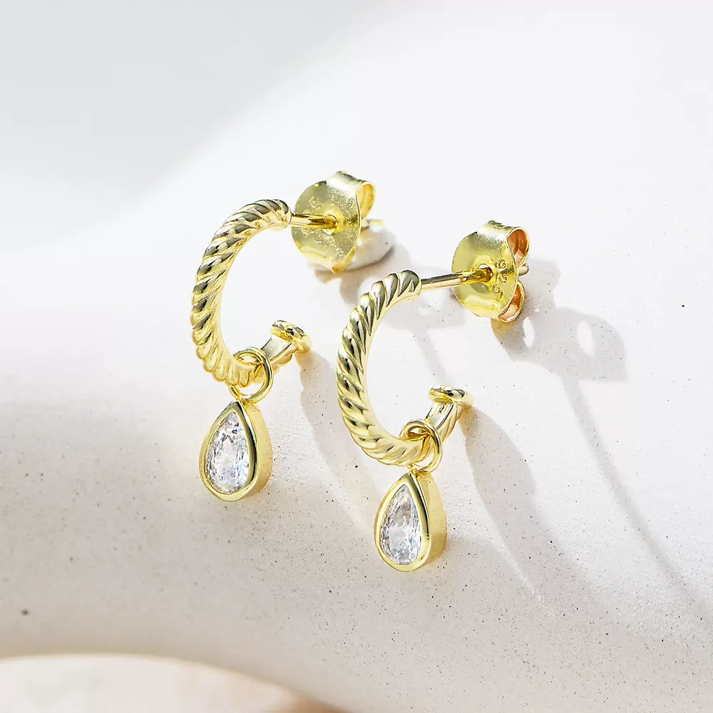 S925纯银C形耳钉水滴形锆石耳坠女欧美跨境个性轻奢ins耳环银耳饰