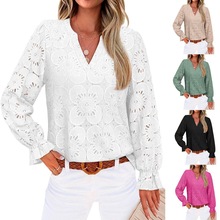 2025欧美跨境亚马逊秋季女装V领提花镂空长袖百搭蕾丝刺绣上衣