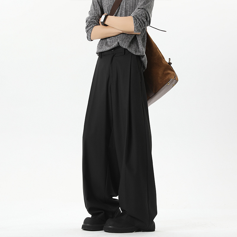 Pantaloni da uomo neri a pieghe, primavera autunno, drappeggiati, a gamba larga, casual, di tendenza, stile americano, a gamba dritta._voghion.com