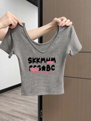 ビッグラウンドネックショルダー半袖Tシャツレディース2025年夏新作セクシースリムフィット鎖骨露出Uネックショートトップ