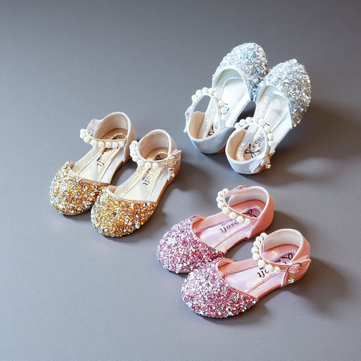 2025 Spring and Summer New Girls Leather Shoes Korean Style Baby Princess Shoes Children's Casual Shoes Sequined Shoes Pearl Dance Shoes