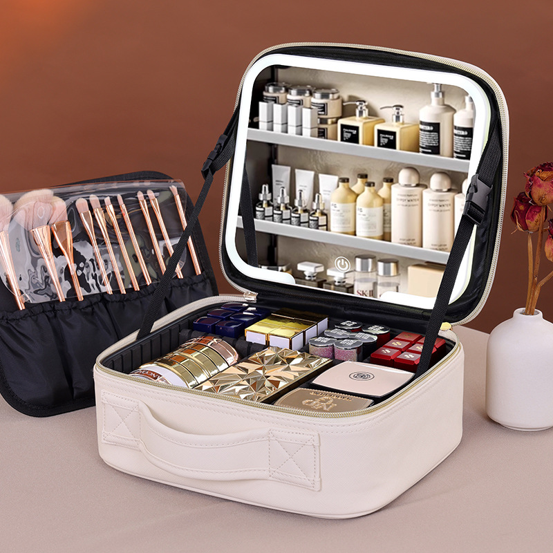 Alta sensación de gran capacidad con espejo caja de maquillaje de viaje portátil multifuncional bolsa de almacenamiento de partición de maquillaje