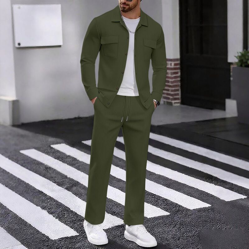 Amazon Cross-Border Men's Casual Corduroy Suit Solid Color Double Pocket Button Lapel Long-Sleeved Pants Two-Piece Set