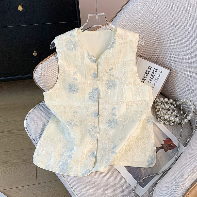 Настоящая фотография нового китайского костюма Тан с улучшенной жаккардовой вышивкой, топ на пуговицах с v-образным вырезом, верхний жилет в этническом стиле в стиле ретро