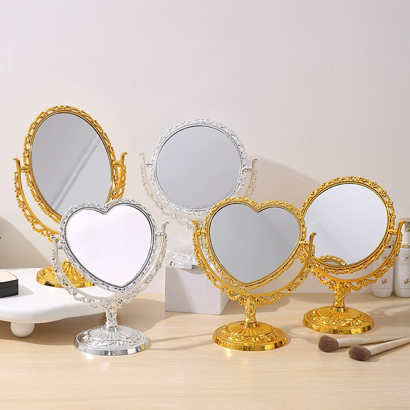 Desktop Double-Sided Makeup Mirror, Heart & Oval Styles, PP Frame, 22–28 cm