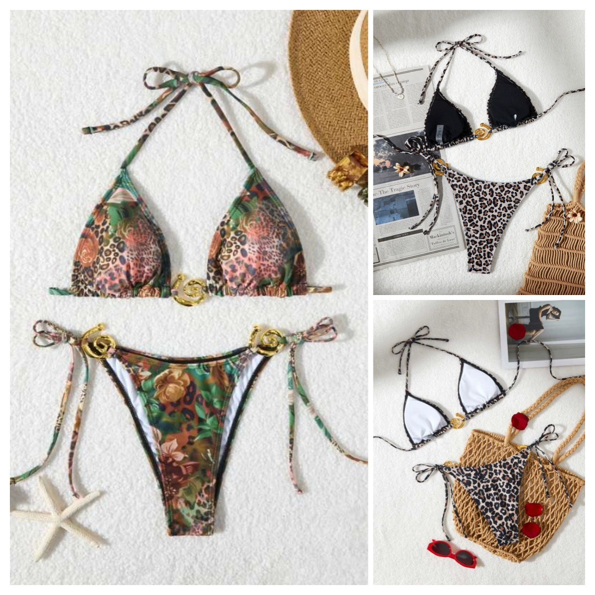 Европейский и американский летний новый купальник, женственное бикини с леопардовым принтом на шнуровке, пляжный отдых, женский спортивный стиль для трансграничной внешнеторговой деятельности.