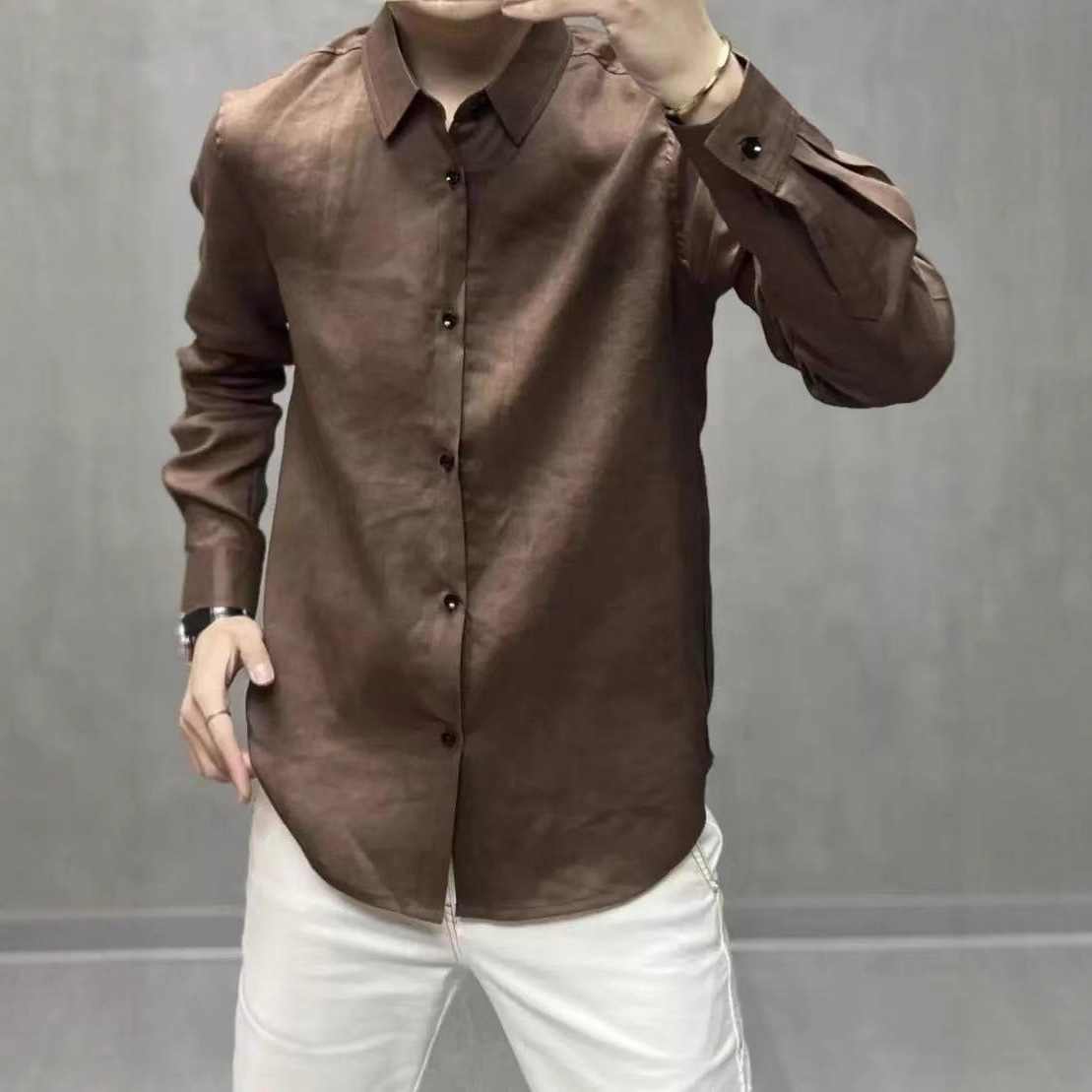 Autumn Fashion Cotton Linen Shirt Men's Casual Loose Solid Color Square Neck Button Cardigan High-End Business Long Sleeve Shirt