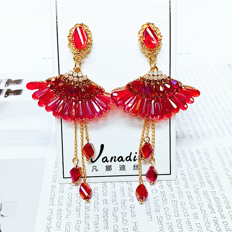 Korean Fashion Tassel Flower Diamonds Long Earrings Wholesale Nihaojewelry display picture 5