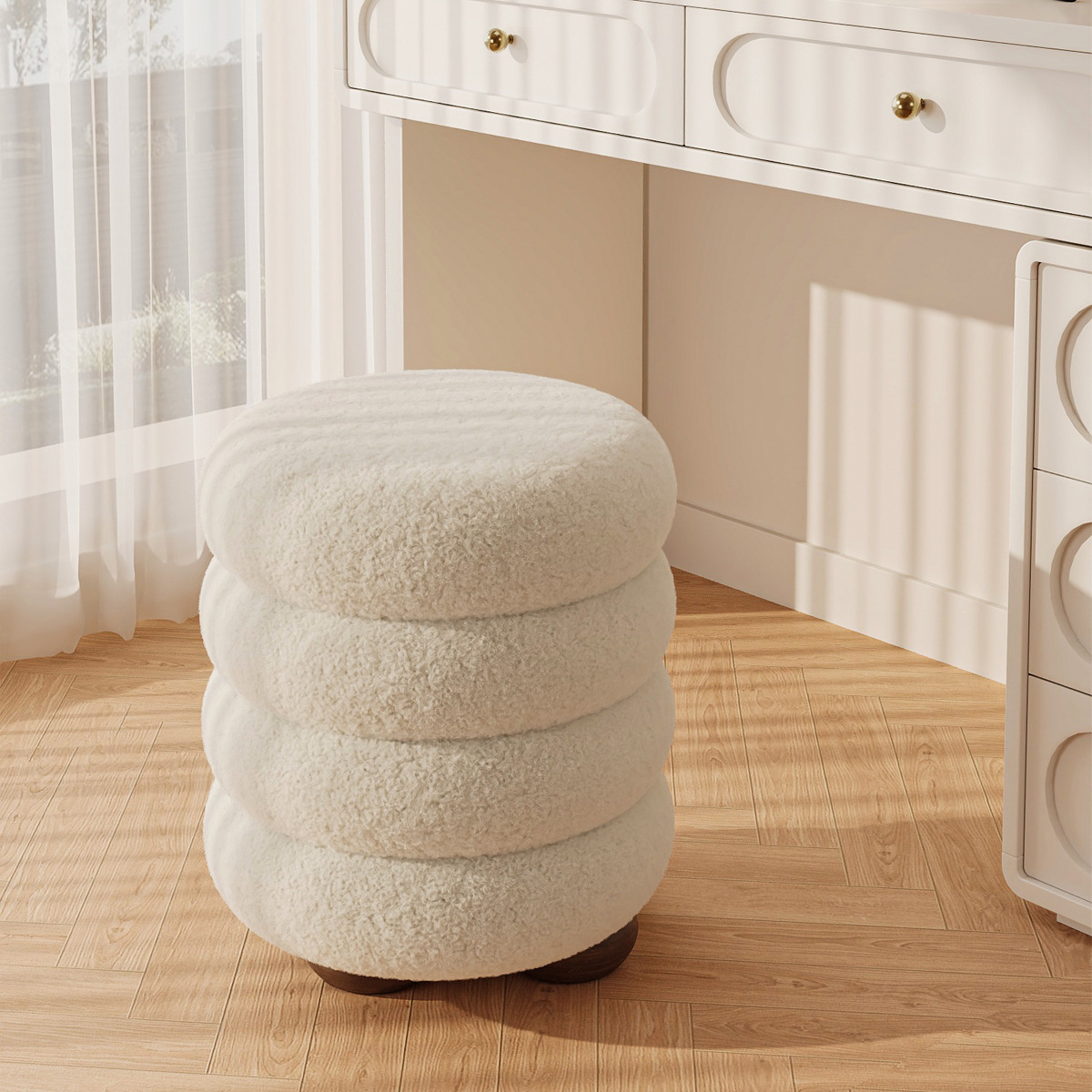 Cream Style Makeup Stool, Light Luxury Stool, High-End Dressing Stool, Girls' Bedroom Stool, Dressing Table Round Stool