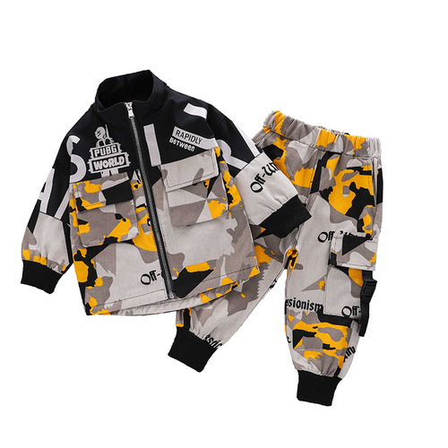 Children's Camouflage Two-Piece Set, Small Boys' Stand Collar Autumn Wear, New Casual Children's Clothing, Letter Zipper Suit for Kids