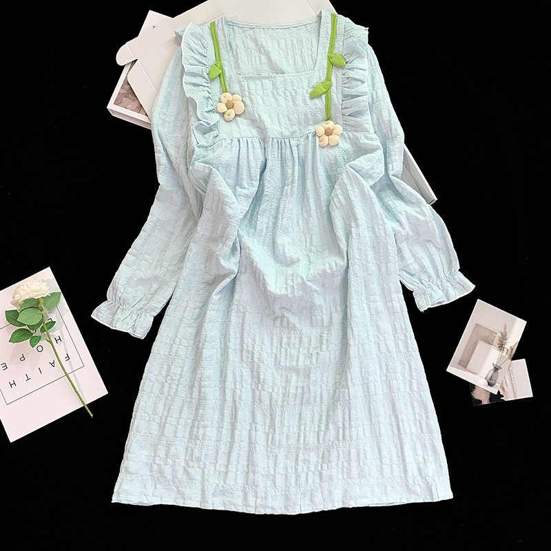 Pijama de flores de manga larga con cojín de pecho, vestido de cuello cuadrado de otoño de mujer, princesa, viento suelto, pijama de algodón, ropa para el hogar.