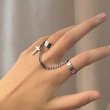 日韓時尚十字架兩指連體鏈條開口指環戒指個性嘻哈風流行戒指批發