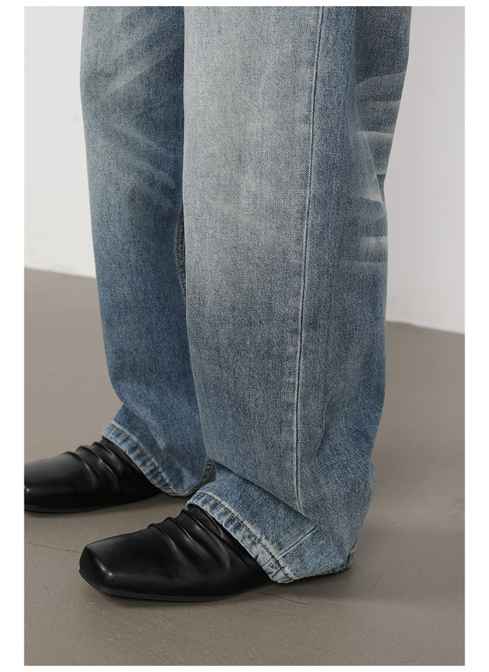 Quần jeans nam ống rộng lưng giữa, dáng suông thoải mái, chất denim washed — màu xanh, màu xanh nhạt, màu xám đen chi tiết 10