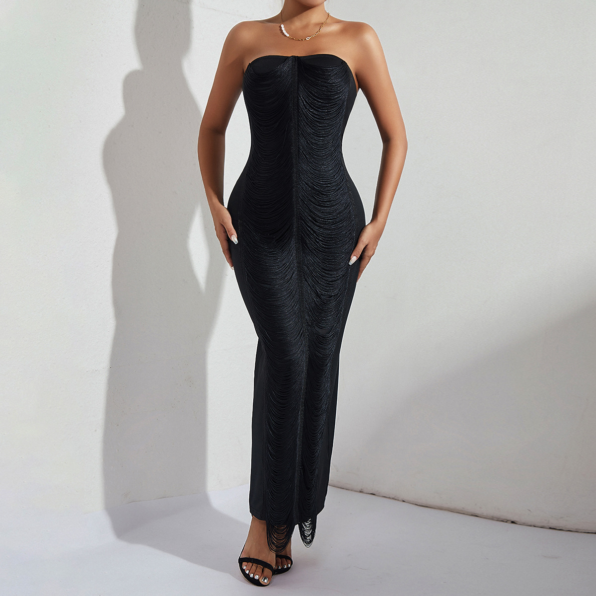 European and American cross-border Amazon hot selling women's clothing New elegant tassel sexy slim tube top dress party dress