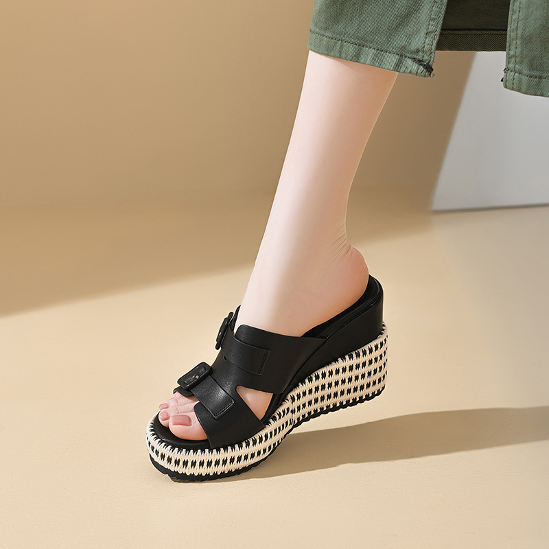 Sandal cao gót nữ đế xuồng da thật quai khóa mũi hở — màu đen, màu nâu nhạt, Trắng kem-