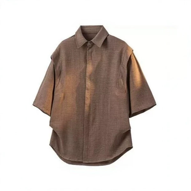Summer Thin Fake Two-Piece Brown Shirt for Men, Old Money Style Short-Sleeve Deconstructed Top, Versatile Casual Shirt for Men