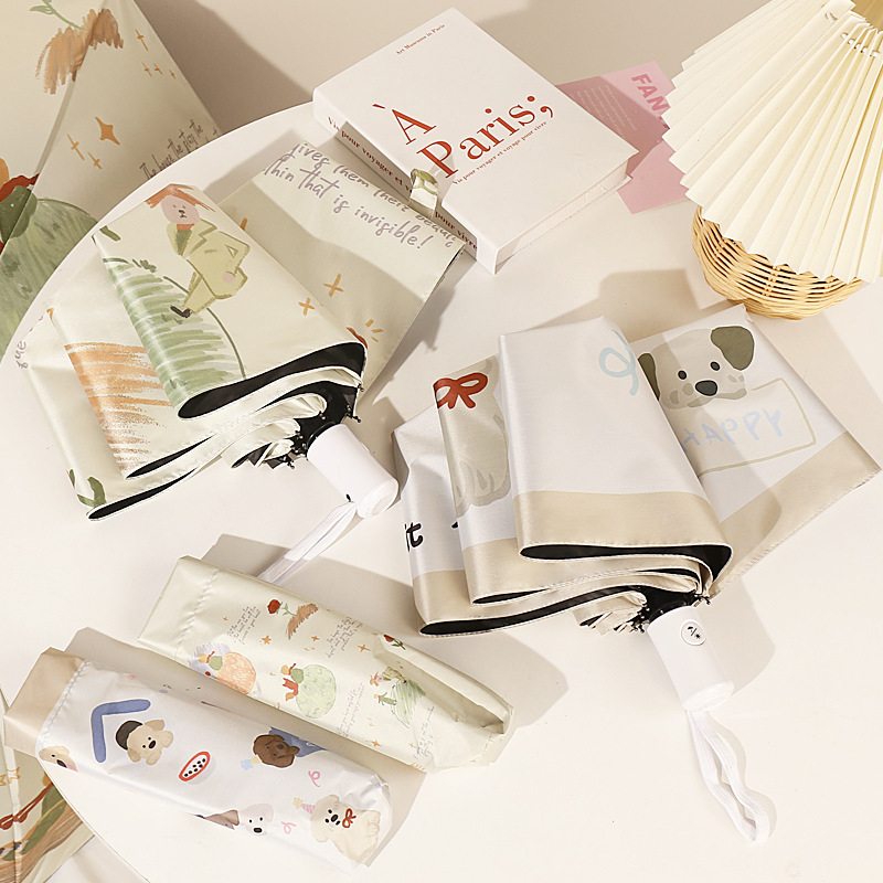 Cartoon-Style Cream-Colored Umbrella, Dual-Purpose for Sun and Rain, Automatic Folding Umbrella, Black Coating for Sun Protection and Windproof, Wholesale Umbrella for Students and Women