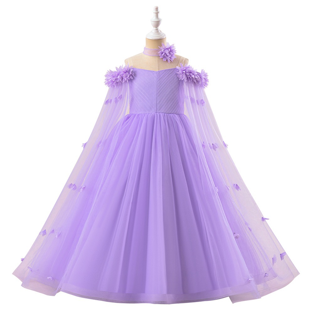 Amazon vestido de niñas vestido de princesa larga vestido de niñas espectáculo vestido de malla de cola vestido de niños al por mayor