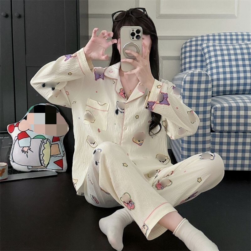 睡衣女春秋季新款云朵棉合集长袖长裤翻领可爱卡通少女甜美家居服|undefined