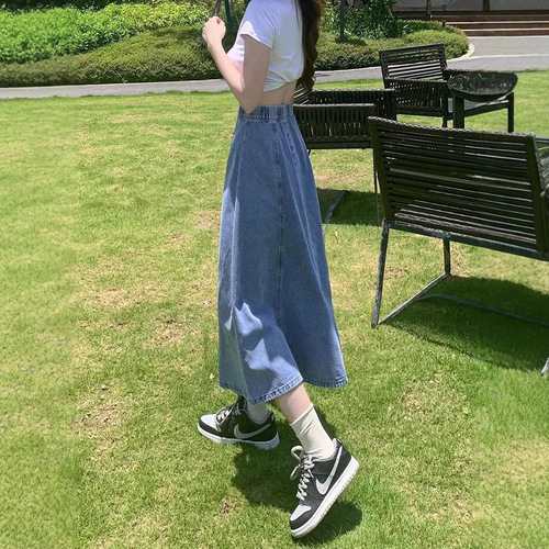 Women's High-Waisted Denim A-Line Medium-Length Full-Skirted Swing Dress - Slimming and Versatile - 2025 Summer New Arrival with Elastic Waist