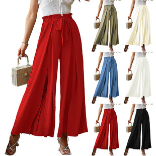 2025 Cross-Border European and American Amazon Spring and Summer New Bow Loose High-Waisted Pleated Wide-Leg Pants with Belted Pants