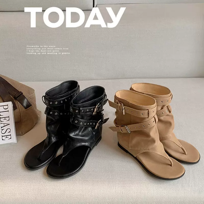 4m内增高~ 复古夹脚凉靴女裤管夹趾堆堆短靴罗马凉鞋粗跟夏天靴子