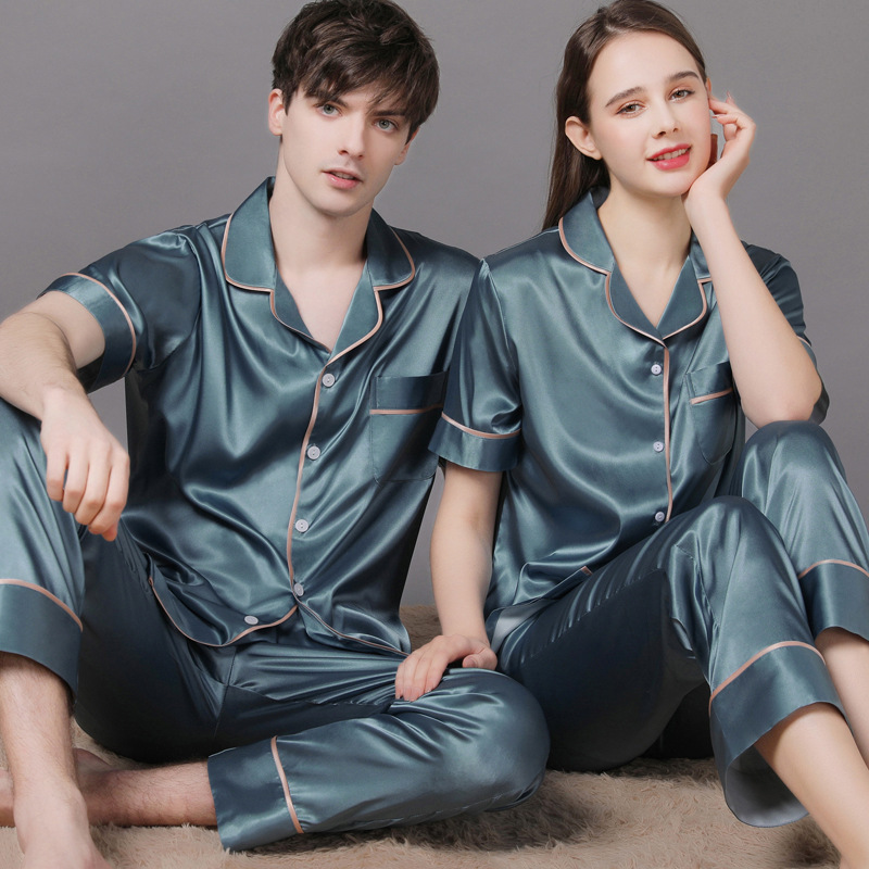 2022 new spring and autumn couple pajamas Women Men's autumn Ice Silk home wear short sleeve trousers plus size suit