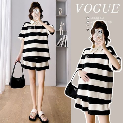 Summer short-sleeved maternity two-piece loose Korean style trendy mom striped belly cover top pregnancy summer suit for pregnant women