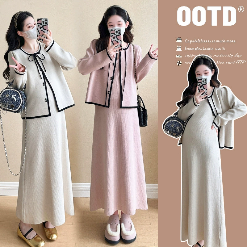Высококачественная версия платья для беременных Осенняя легкая роскошь премиум-класса маленький ароматный стиль кардиган платье подтяжка набор свитера из двух частей