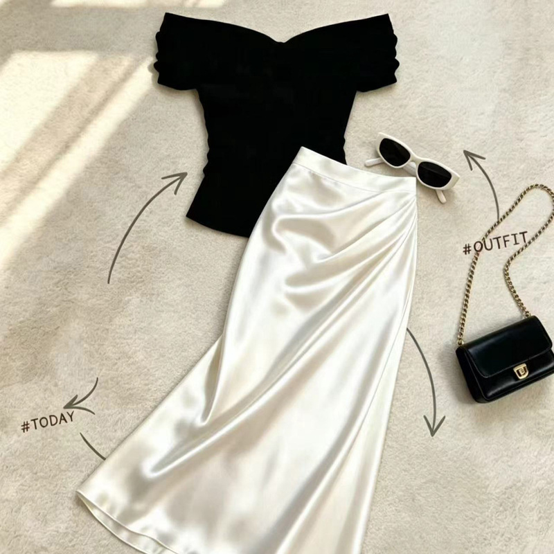 Acetate satin white long skirt, a complete summer outfit in a mature and elegant style, including a bodycon skirt and a fishtail skirt