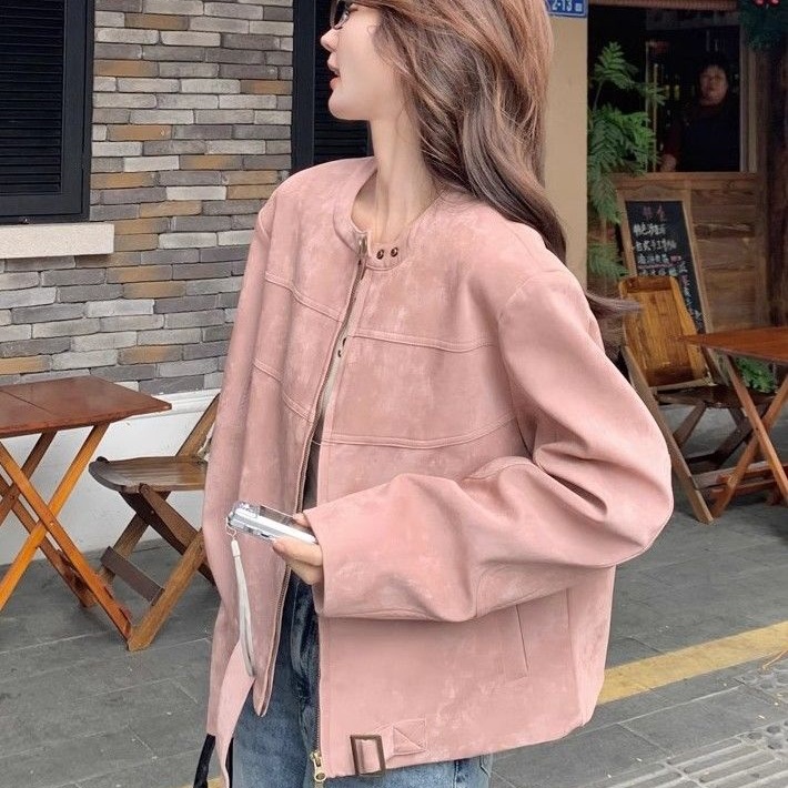 韩版外套女春秋季新款甜美小个子时尚夹克仿麂皮绒气质减龄上衣