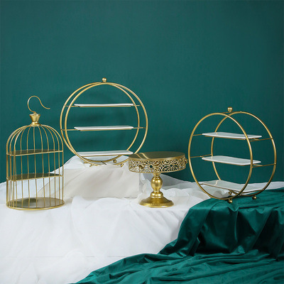 Tabla de postres de estilo europeo, estante de exhibición de bodas, banquete de bodas, estante de pastel, estante de té de la tarde, estante de golden snack set de 7 piezas