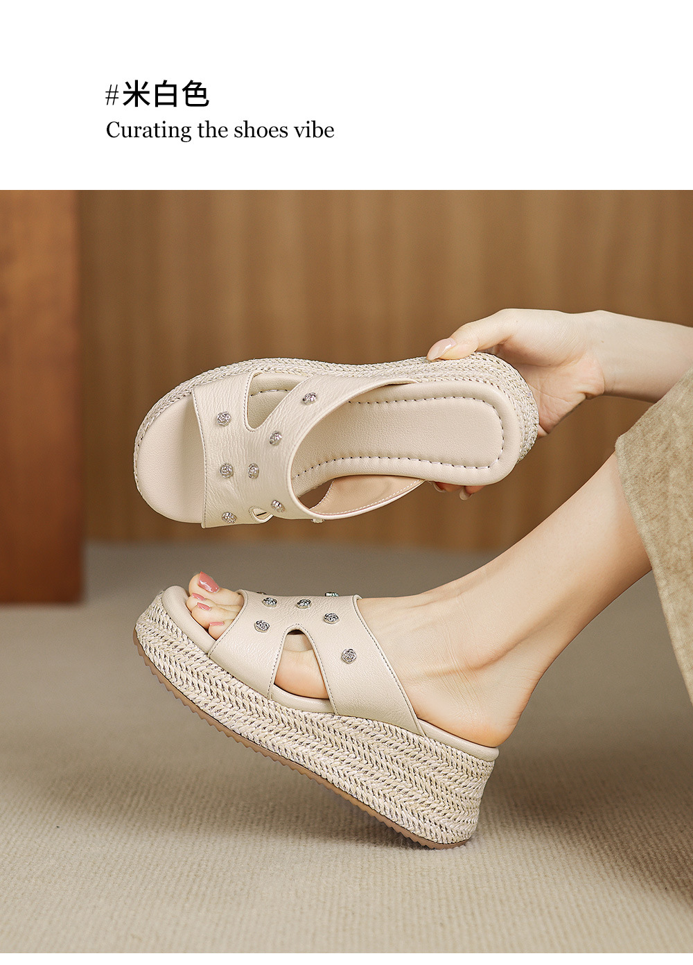 Dép sandal nữ quai chữ V đế đan thô đinh tán mũi hở — Trà sữa màu, màu trắng ngà chi tiết 9