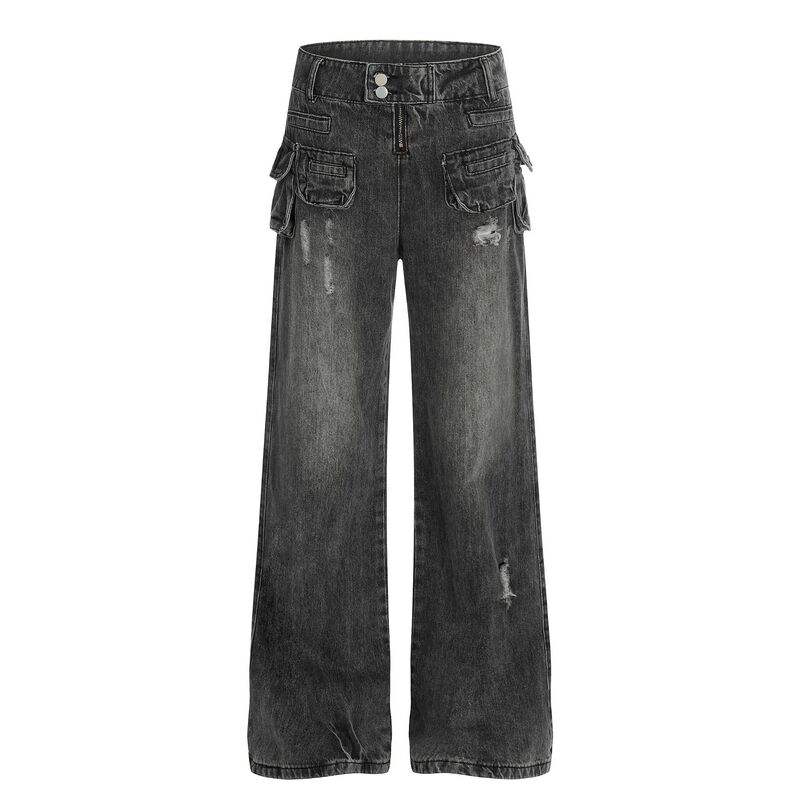 2000S Y2K Style Heavy-Duty Washed Micro-Flare Jeans for Women, Designer Low-Waist Floor-Length Ripped Pants