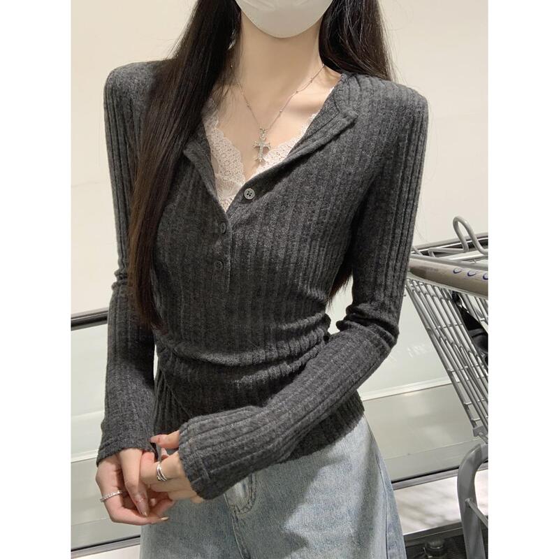 Autumn Button Half Open Collar Brushed Long-Sleeved T-Shirt Women's Fake Two-Piece Lace Splicing Bottoming Shirt Waist Pleated Top