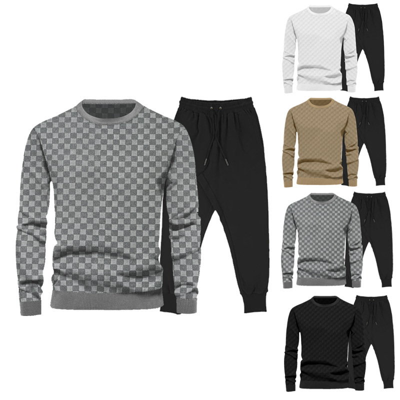 751g Weight Long Sleeve Sleeve Length Cotton Blend, Polyester Fabric Type Pants Sets Sets Type 2 Pieces Set Quantity Casual Occasion Round Neck Neckline Regular Fit Fit Type Plaid Pattern Winter, Autumn Season Men's Gender Streetwear Style Men's Autumn And Winter Jacquard Checkerboard Long-sleeved Trousers Sets  Men's Clothing 1