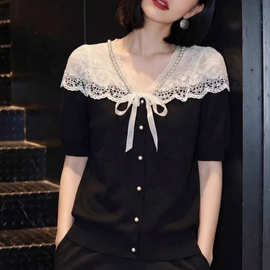 设计感蕾丝拼接V领短袖衬衫女黑色蝴蝶结显瘦百搭上衣夏2026新款